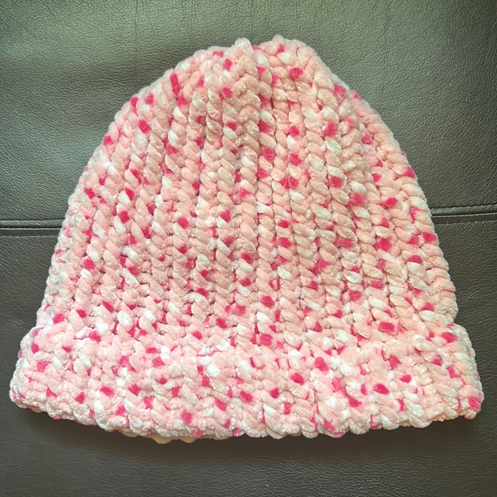 HANDMADE cozy and warm knit beanie * PINK DOTS AND WHITE*